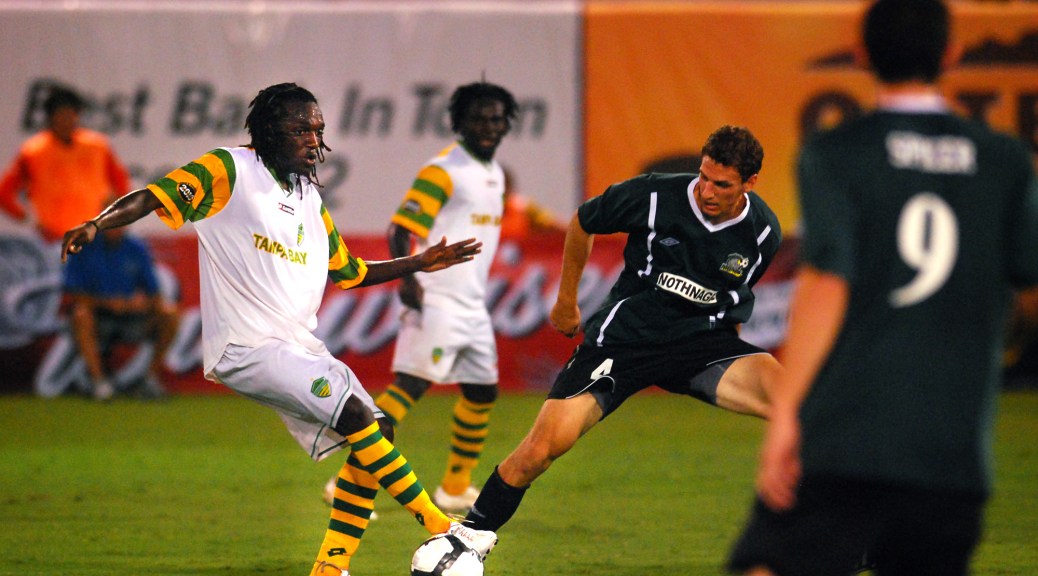 Stanley Nyazamba (left) of the Tampa Bay Rowdies works against the Rochester Rhinos to help win 1-0 in the 91st minute of the game.