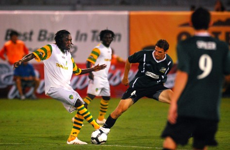 Stanley Nyazamba (left) of the Tampa Bay Rowdies works against the Rochester Rhinos to help win 1-0 in the 91st minute of the game.